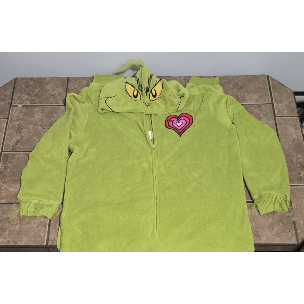 Dr Seuss The Grinch Hooded Union Suit Fleece Pajamas Green Heart L/XL RN88147